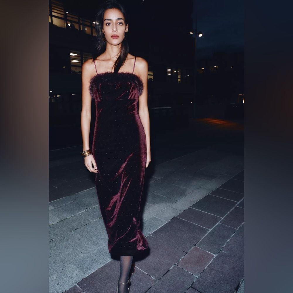 Zara Velvet Beaded Faux Fur Midi Dress